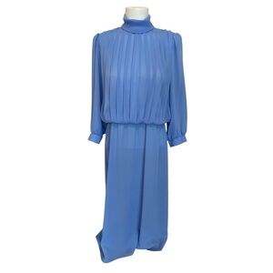 Vintage Blue Midi Dress 80’s Pleated Periwinkle Polyester Sheer Retro Costume